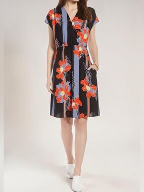 Halogen Floral V-Neck Black Dress with Orange-Red Blooms